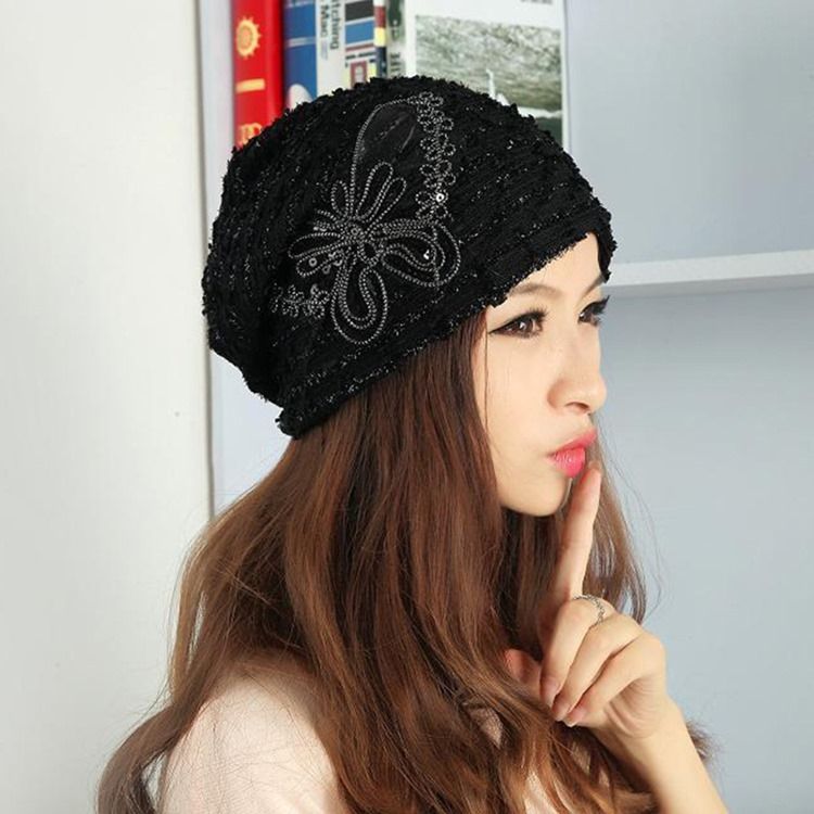 Sweet Soild Color Paillette Lace Butterfly Warm Hat för kvinnor