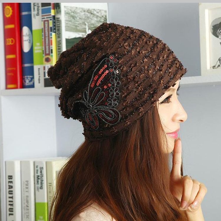 Sweet Soild Color Paillette Lace Butterfly Warm Hat för kvinnor