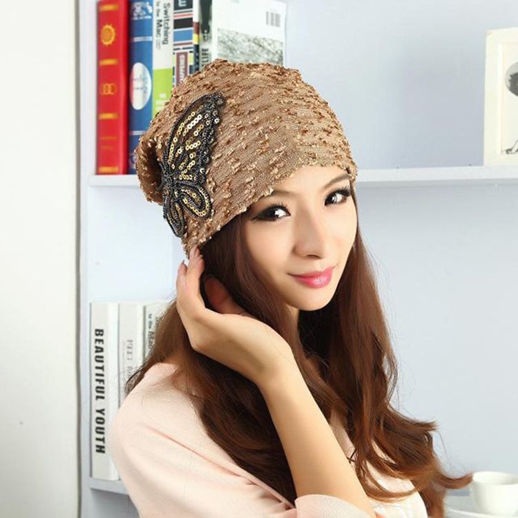 Sweet Soild Color Paillette Lace Butterfly Warm Hat för kvinnor