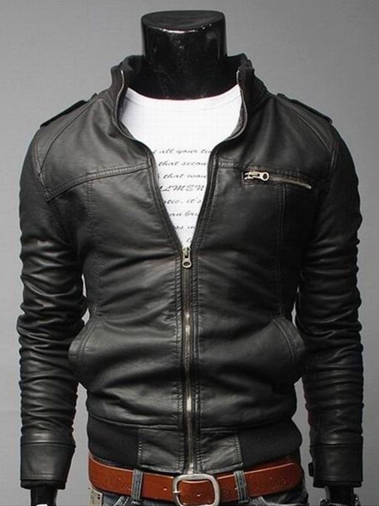 Casual Plain Standard Stand Krage Slim Zipper Läderjacka