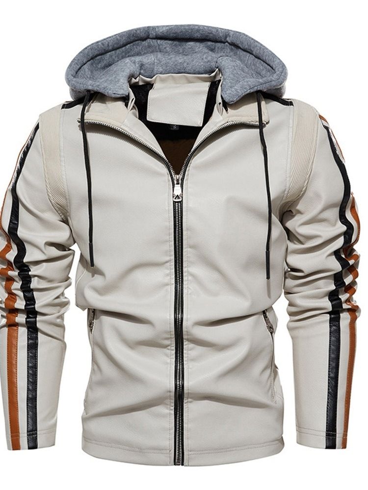 Color Block Hooded Standard Winter Patchwork Läderjacka