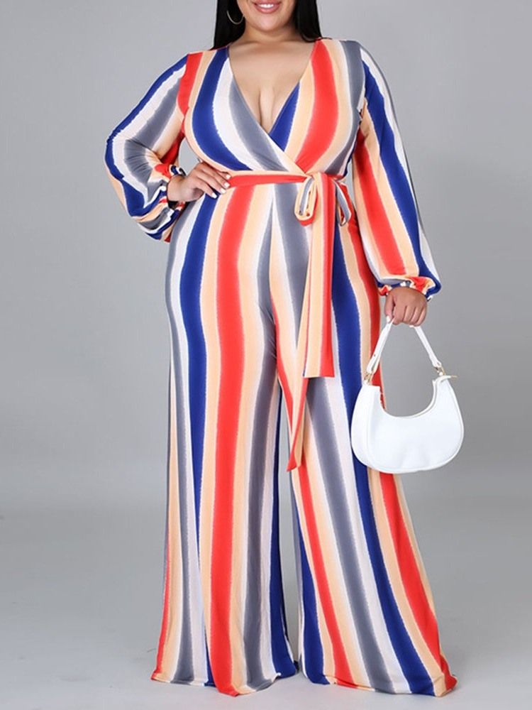 Full Längd Stripe Western Dam Jumpsuit Med Lösa Breda Ben Plus Size