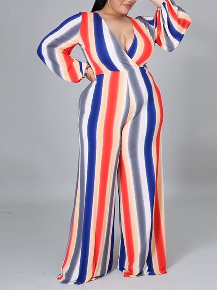 Full Längd Stripe Western Dam Jumpsuit Med Lösa Breda Ben Plus Size