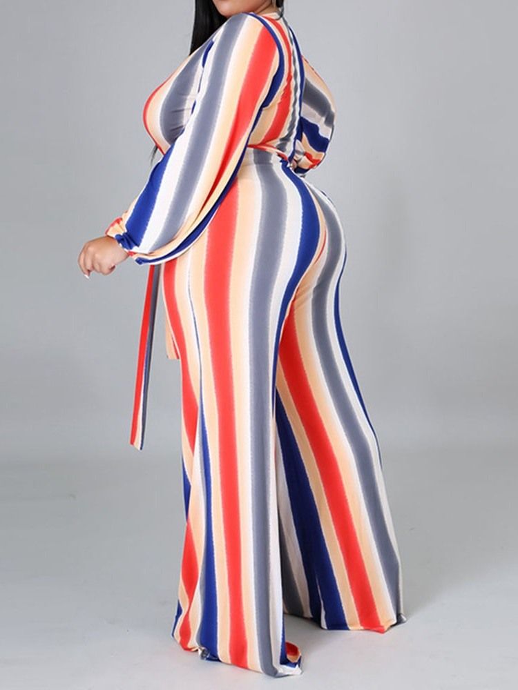 Full Längd Stripe Western Dam Jumpsuit Med Lösa Breda Ben Plus Size