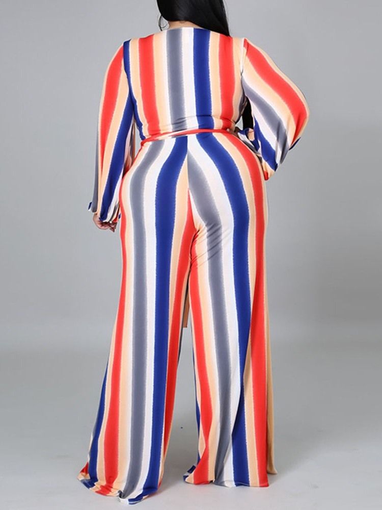 Full Längd Stripe Western Dam Jumpsuit Med Lösa Breda Ben Plus Size