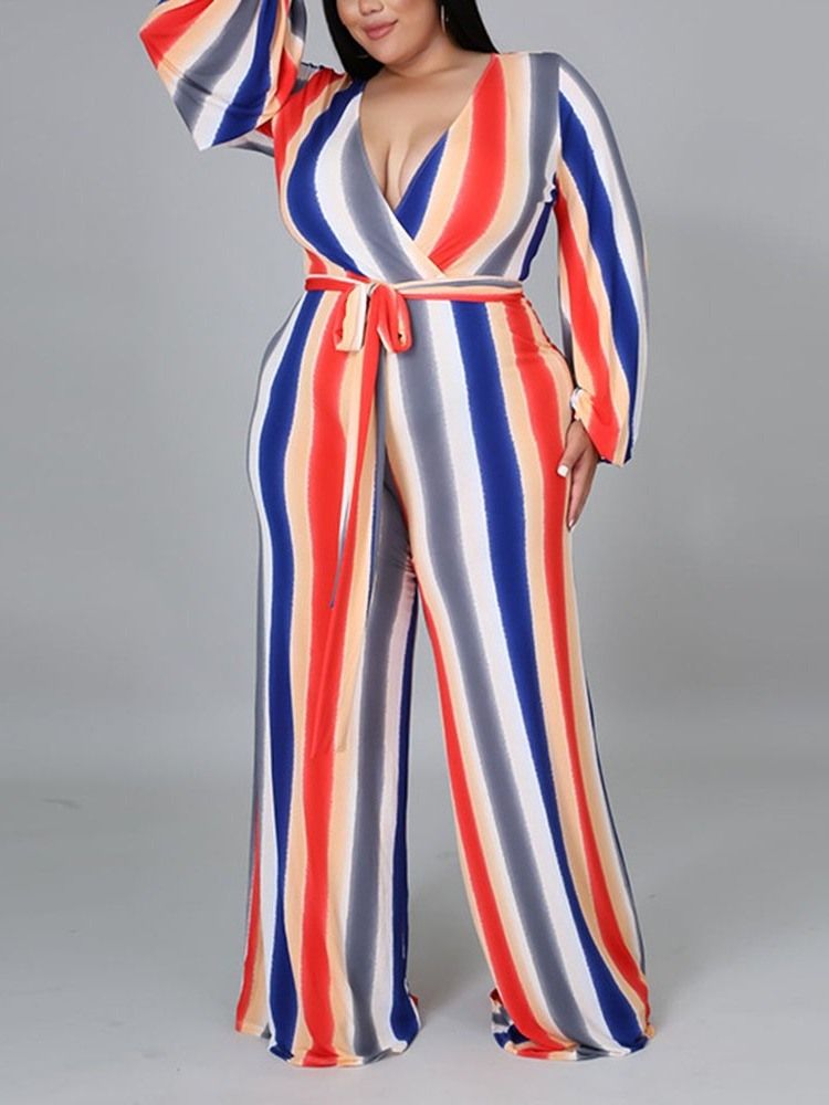 Full Längd Stripe Western Dam Jumpsuit Med Lösa Breda Ben Plus Size