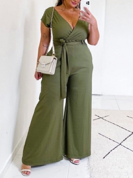 Full Längd Vanligt Kontor Dam Wide Ben Slim Jumpsuit Plus Size