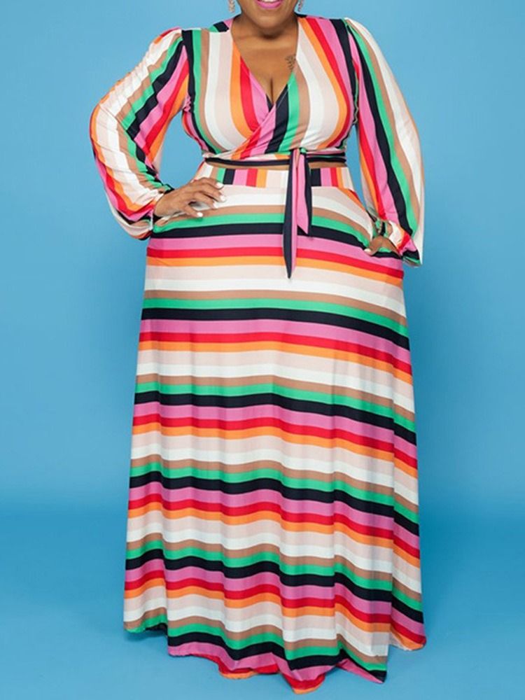 Kjol Stripe Western V-Ringad Tvådelad Uppsättning Kvinnors Klänning Set Plus Size