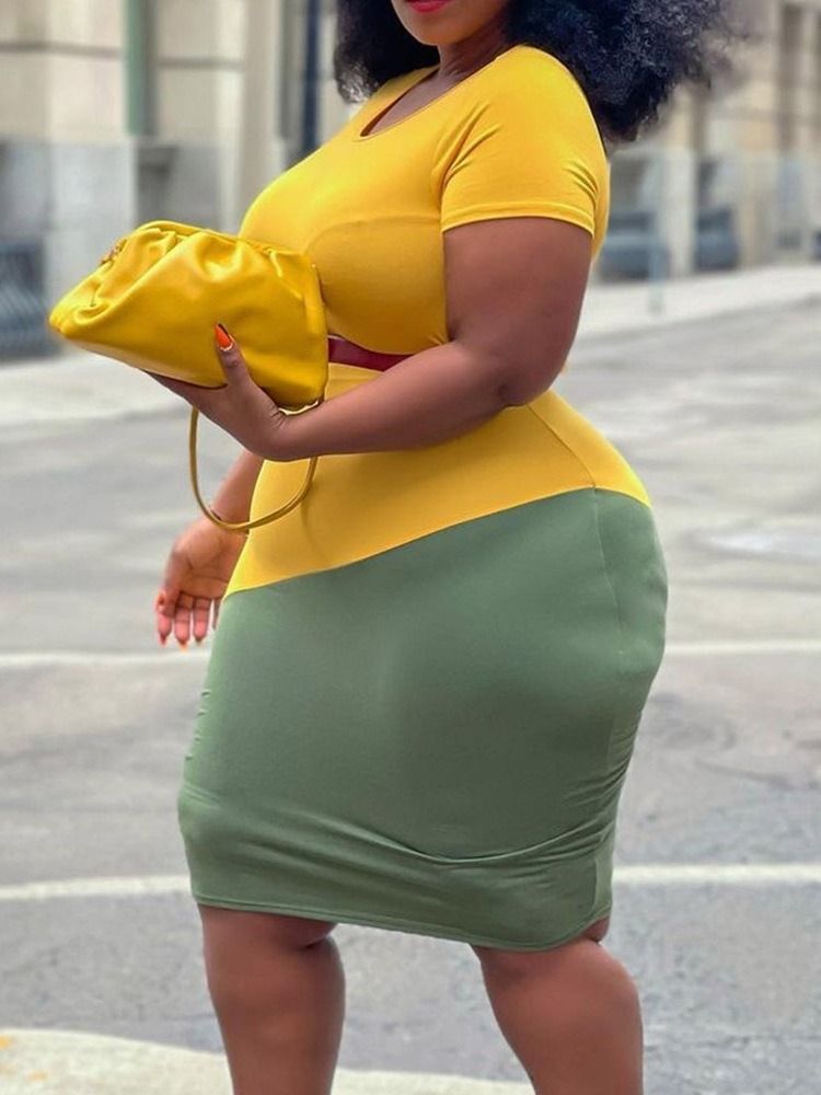 Knälång Rundhalsad Kortärmad Bodycon Office Damklänning Plus Size