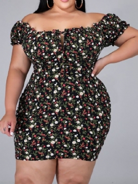 Kortärmad Ovanför Knätrycket Bodycon Pullover Blommig Bodycon Klänning Plus Size