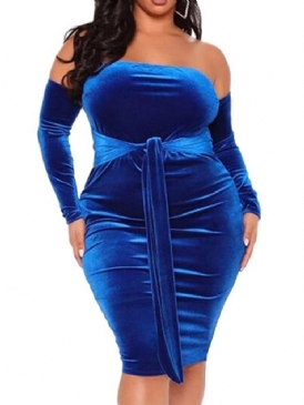 Långärmad Snörning Knälång Enfärgad Bodycon Klänning Plus Size