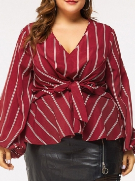 Lantern Sleeve Stripe V-Neck Långärmad Standard Damblus Plus Size