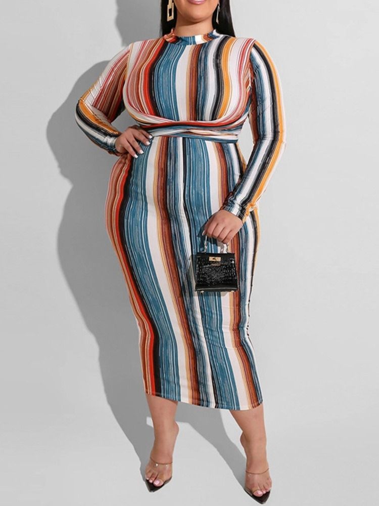 Mid-Kalf Långärmad Patchwork Stripe Plus Size Klänning