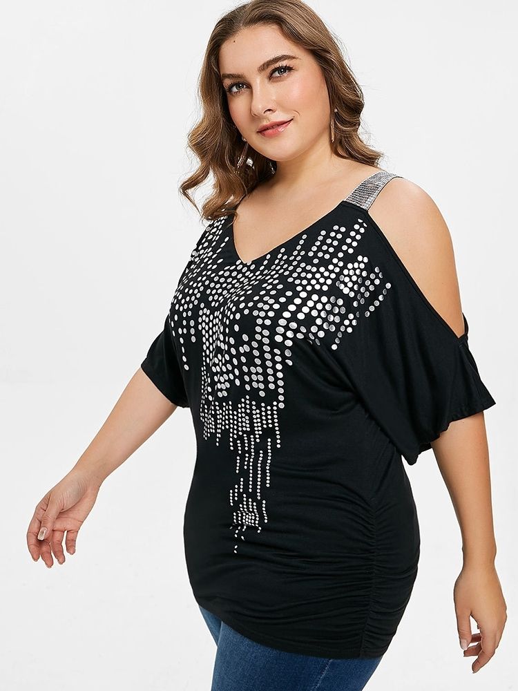 Off-Soulder Polka Dots Plus Size Sommar T-Shirt