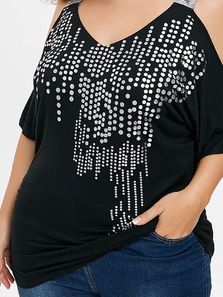 Off-Soulder Polka Dots Plus Size Sommar T-Shirt