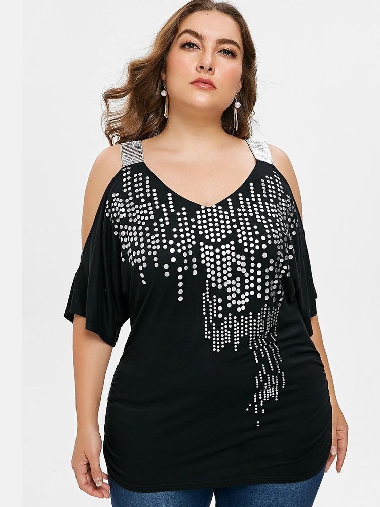 Off-Soulder Polka Dots Plus Size Sommar T-Shirt