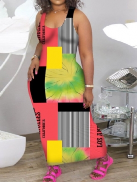 Patchwork Ärmlös Ankellång Casual Color Block Bodycon Klänning Plus Size