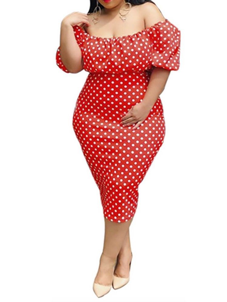 Pencil Off Shoulder Half Sleeve Polka Dots Klänning