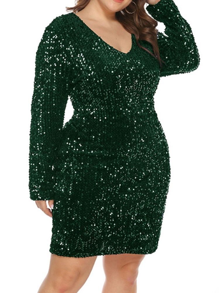 Plus Size Above Knee Långärmad Paljetter High Waist Bodycon Klänning