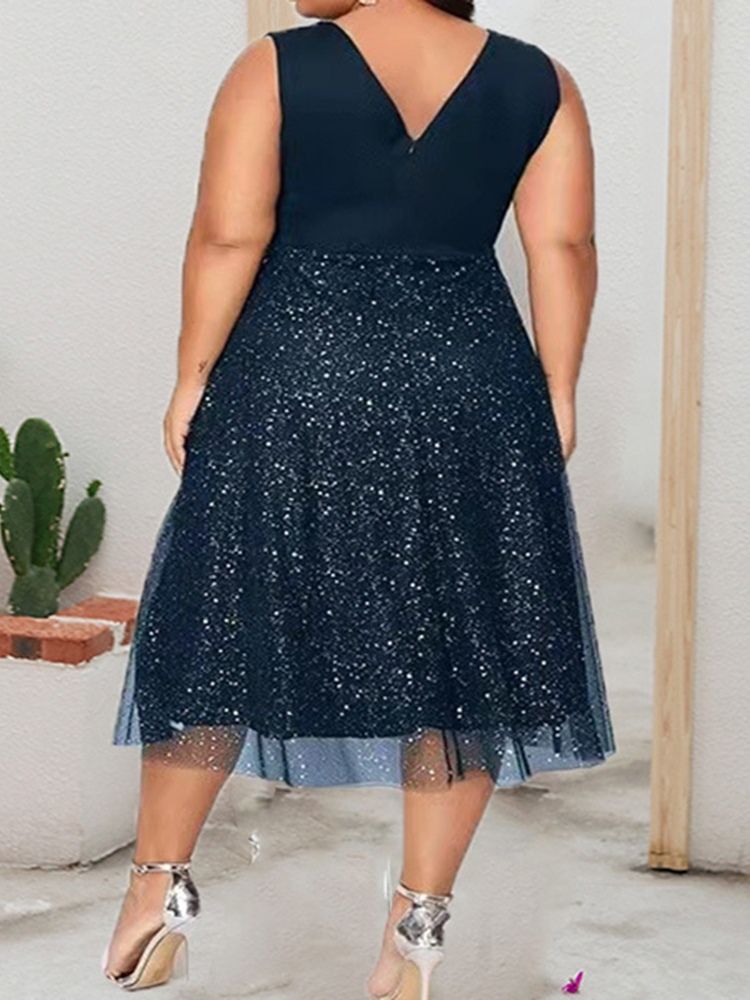 Plus Size Ärmlös V-Hals Mid-Calf A-Line Vanlig Klänning