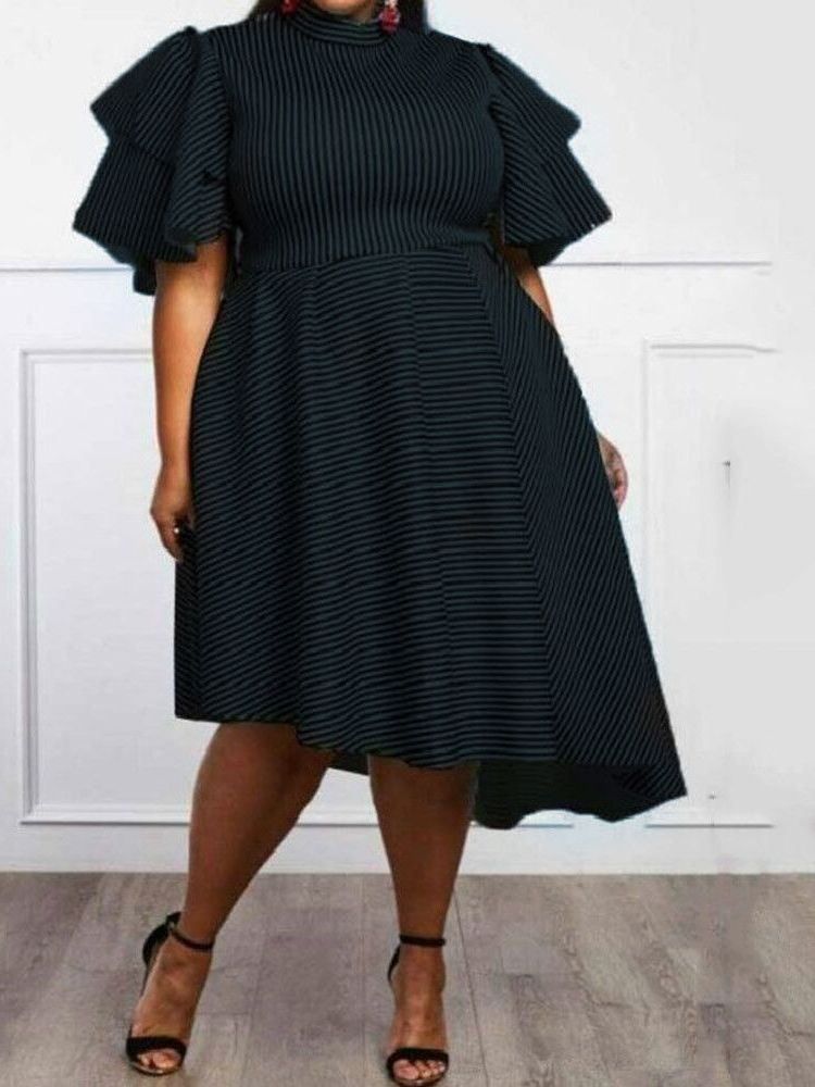 Plus Size Asymmetric Ruffles Randig Volanger Klänning