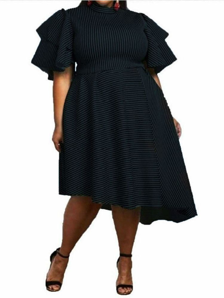 Plus Size Asymmetric Ruffles Randig Volanger Klänning