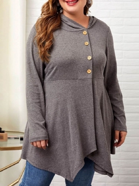 Plus Size Button Tunn Långärmad Hooded Damtröja