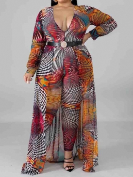 Plus Size Color Block Full Längd Lös Jumpsuit