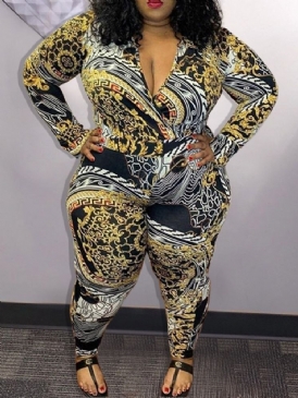 Plus Size Color Block Full Längd Print Skinny High Waist Jumpsuit