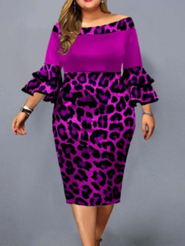 Plus Size Falbala Mid-Calf Off Shoulder Leopard Pullover Klänning