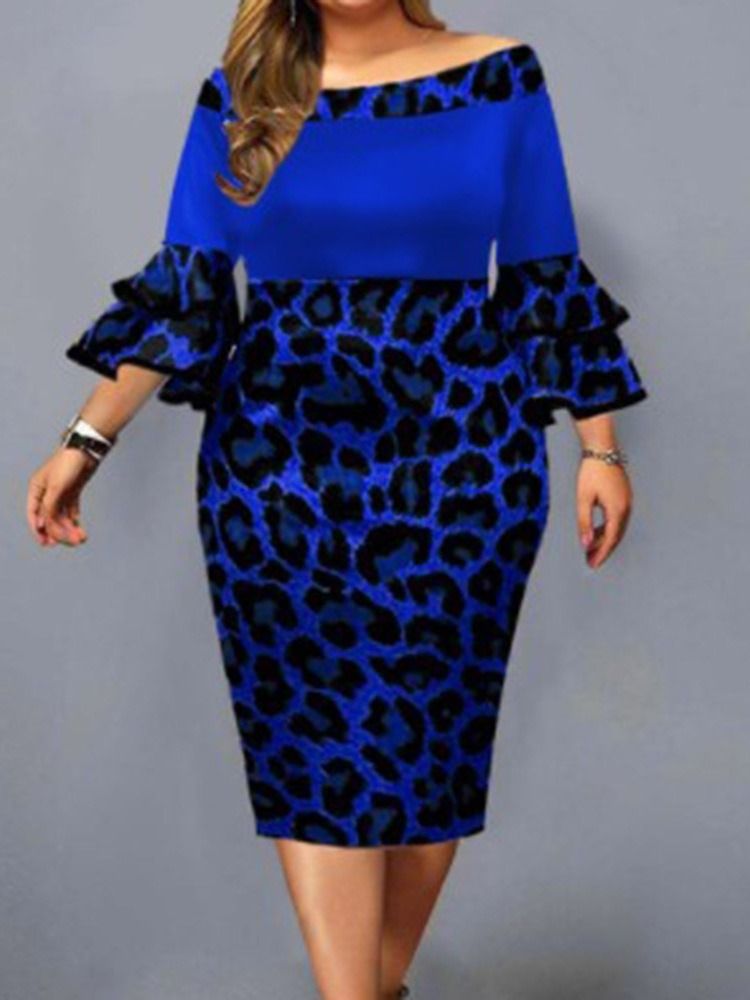 Plus Size Falbala Mid-Calf Off Shoulder Leopard Pullover Klänning