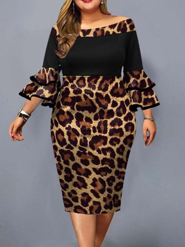 Plus Size Falbala Mid-Calf Off Shoulder Leopard Pullover Klänning