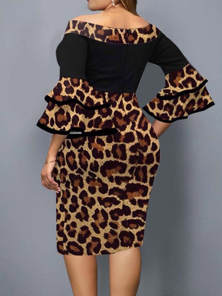 Plus Size Falbala Mid-Calf Off Shoulder Leopard Pullover Klänning