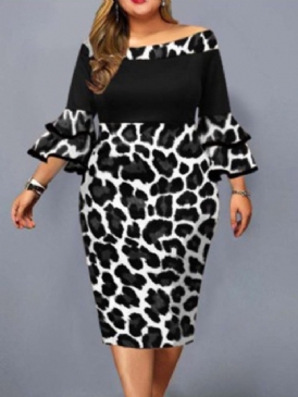 Plus Size Falbala Mid-Calf Off Shoulder Leopard Pullover Klänning