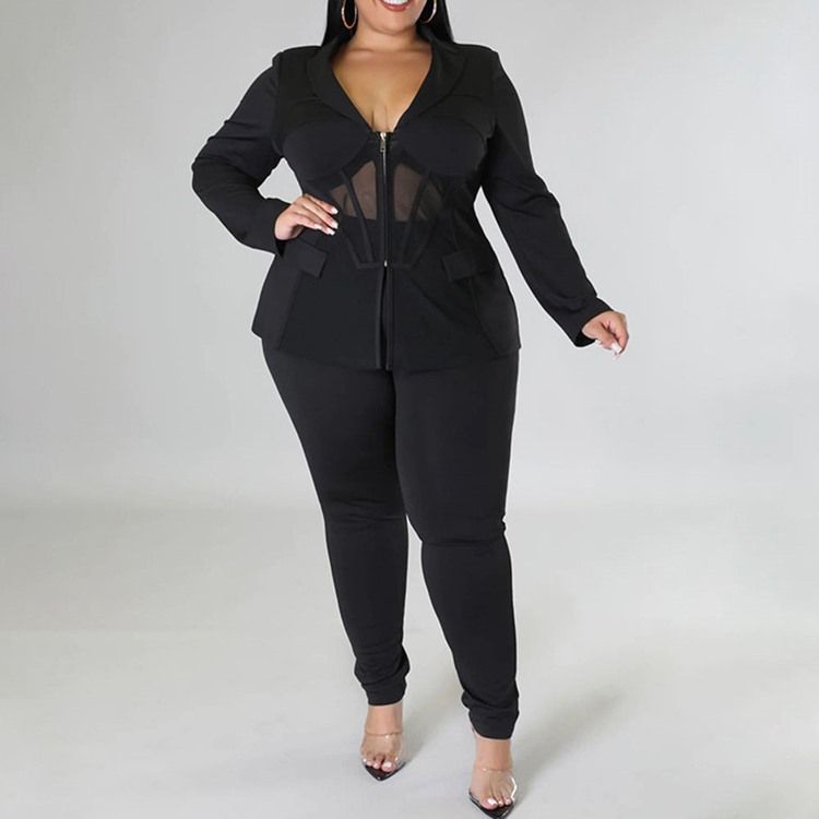 Plus Size Fashion Mesh Skjorta Pencil Byxor Lapel Tvådelade Set