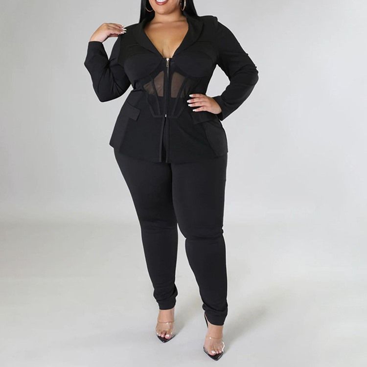 Plus Size Fashion Mesh Skjorta Pencil Byxor Lapel Tvådelade Set