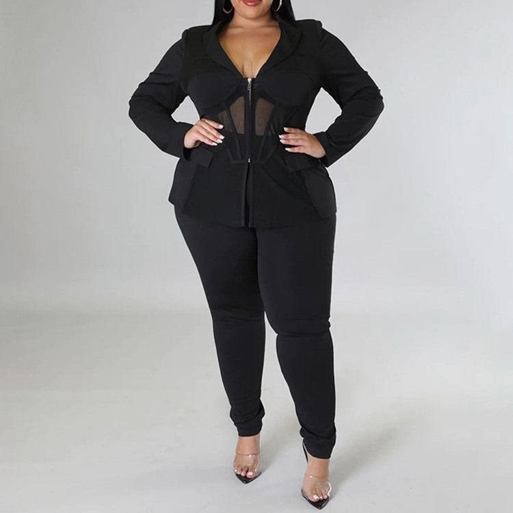 Plus Size Fashion Mesh Skjorta Pencil Byxor Lapel Tvådelade Set