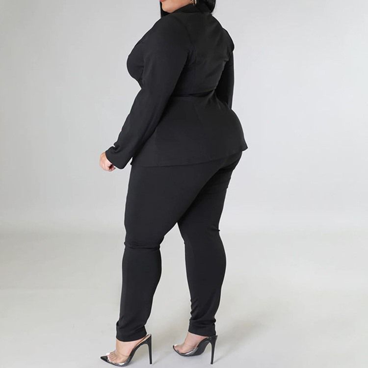 Plus Size Fashion Mesh Skjorta Pencil Byxor Lapel Tvådelade Set