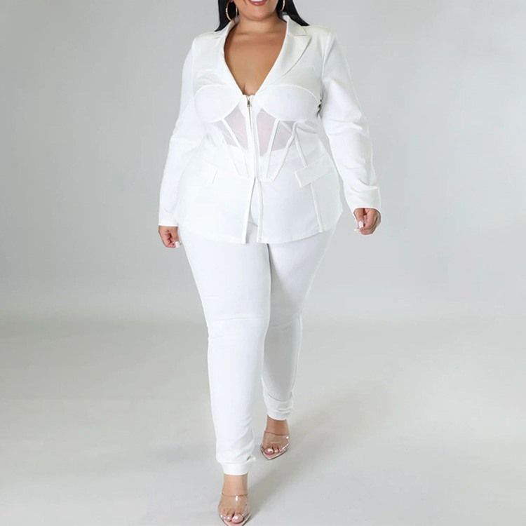 Plus Size Fashion Mesh Skjorta Pencil Byxor Lapel Tvådelade Set