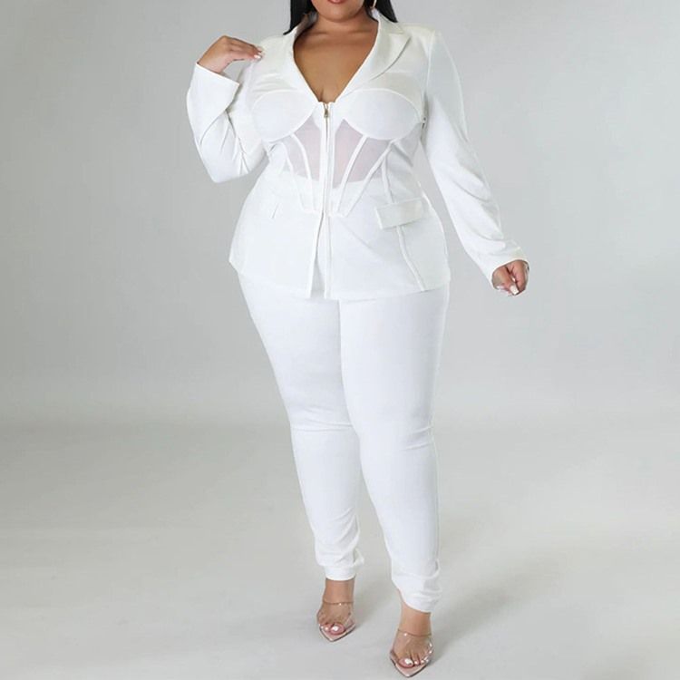 Plus Size Fashion Mesh Skjorta Pencil Byxor Lapel Tvådelade Set