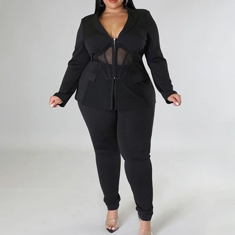 Plus Size Fashion Mesh Skjorta Pencil Byxor Lapel Tvådelade Set