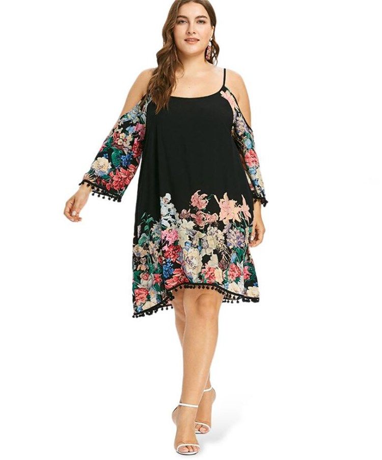 Plus Size Fyrkantig Hals Långärmad Tofs Casual Vanlig Klänning