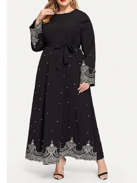 Plus Size Långärmad Rundhalsad Lace-Up Fall Western Klänning