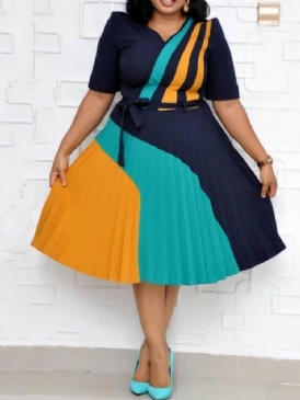 Plus Size Mid-Calf V-Hals Kortärmad Color Block Date Night Going Out Klänning