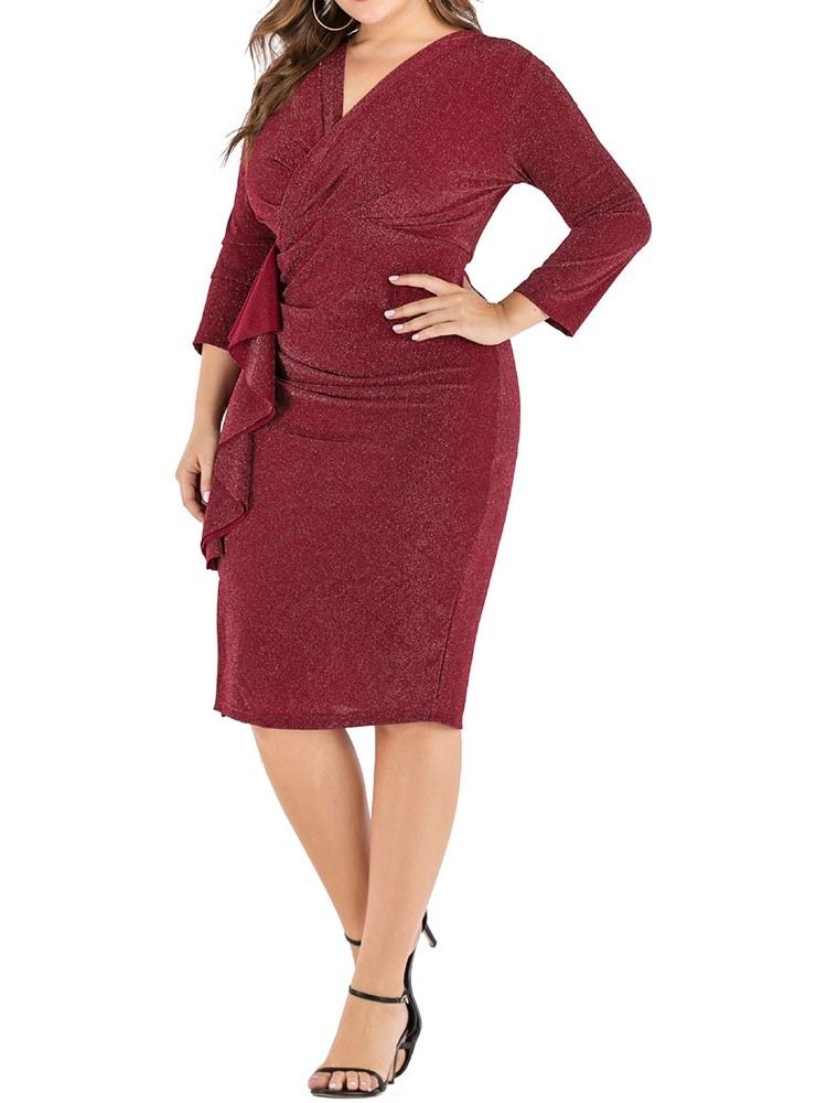 Plus Size Nine Points Ärm Plisserad Knälång Bodycon Vanlig Klänning