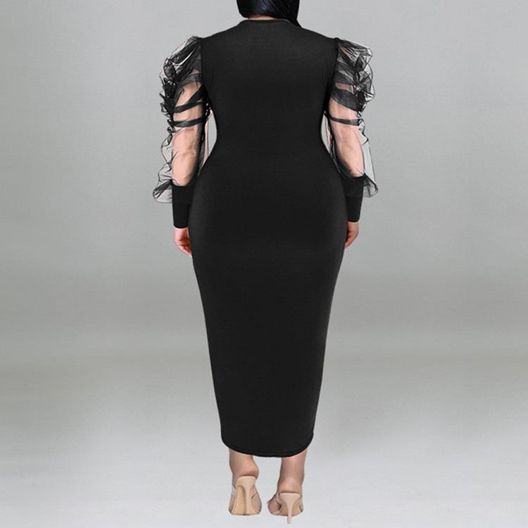 Plus Size Rund Neck Mesh Långärmad Bodycon Puff Sleeve Bodycon Klänning