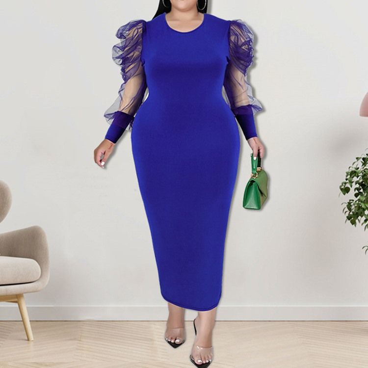 Plus Size Rund Neck Mesh Långärmad Bodycon Puff Sleeve Bodycon Klänning