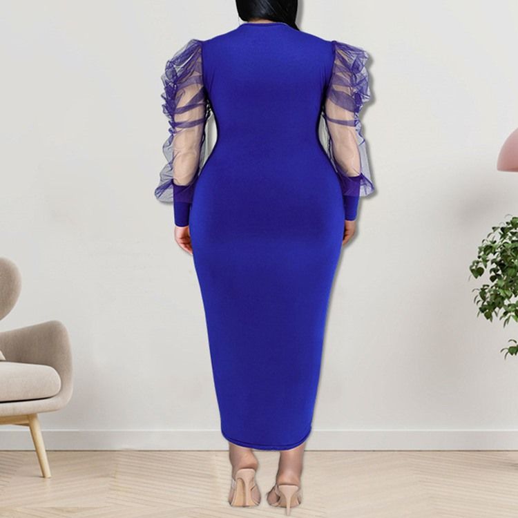 Plus Size Rund Neck Mesh Långärmad Bodycon Puff Sleeve Bodycon Klänning