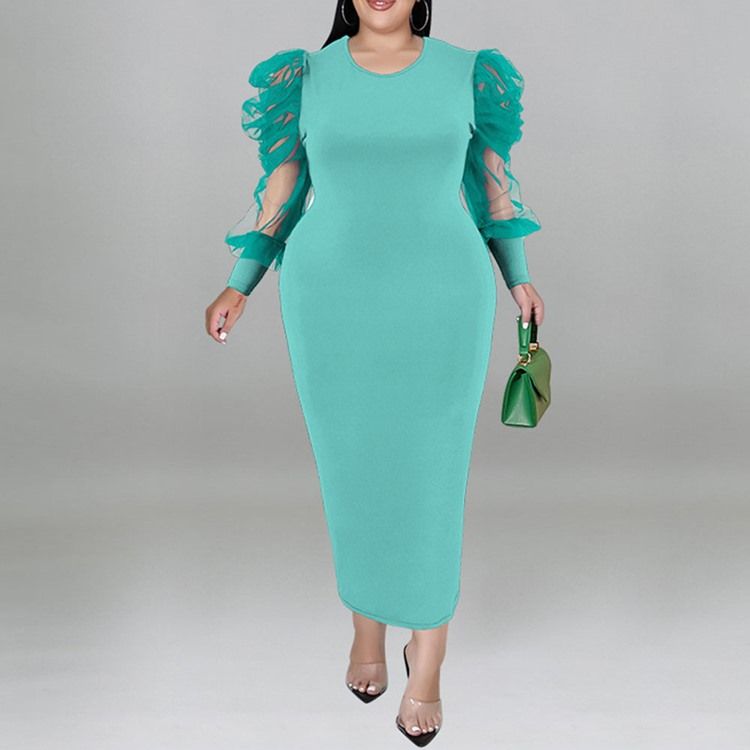 Plus Size Rund Neck Mesh Långärmad Bodycon Puff Sleeve Bodycon Klänning