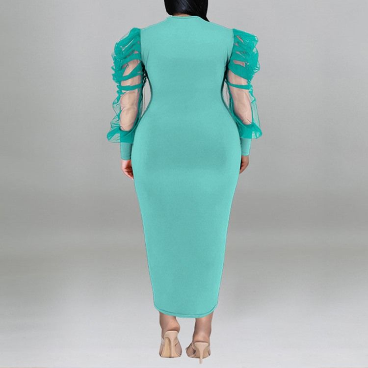 Plus Size Rund Neck Mesh Långärmad Bodycon Puff Sleeve Bodycon Klänning